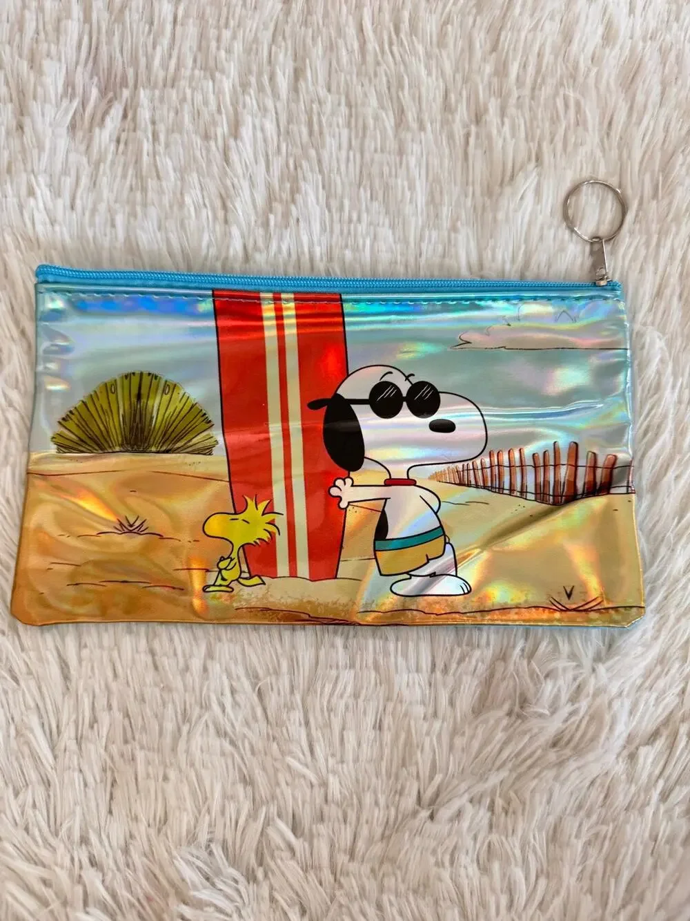 Snoopy and Woodstock beach scene holographic pencil pouch with keychain